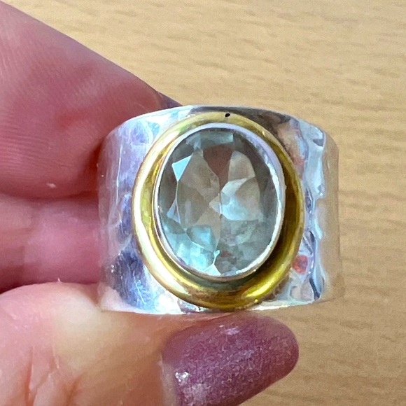 PRASIOLITE GREEN AMETHYST HAMMERED DRSIGN WIDE BAND RING 925 STERLING SILVER